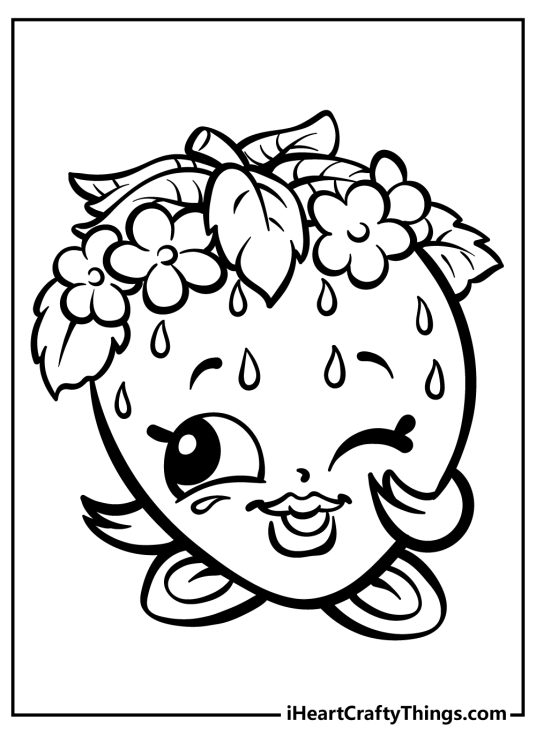 Shopkins coloring printable for children featuring a lovely strawberry wearing all sorts of flowers and leaves
