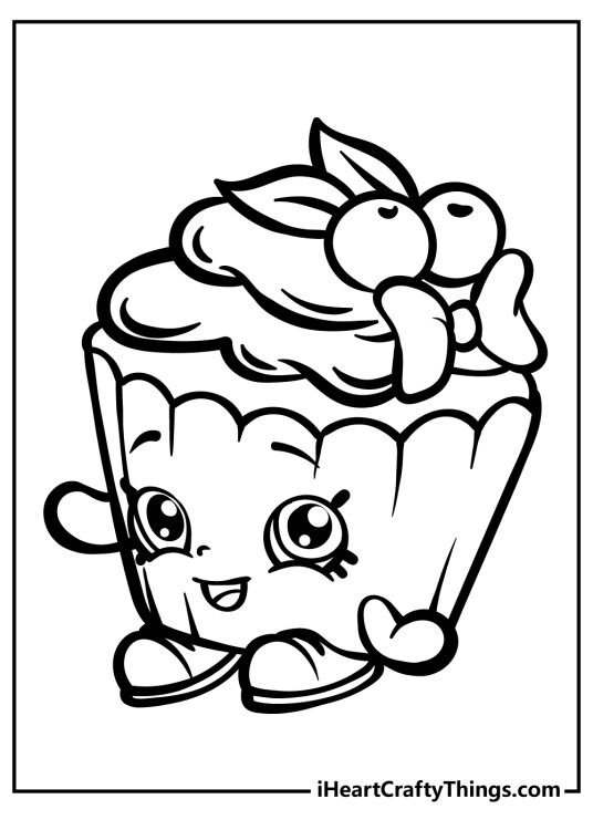 Shopkins-themed image to color presenting cute cupcake with some fruit on top of the icing