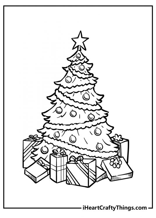 Detailed coloring image of a decorated classic-looking Christmas tree with presents under it