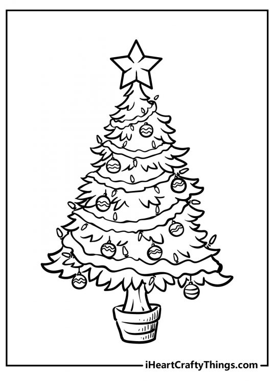 Free printable image to color presenting elegant decorated Christmas tree in a pot