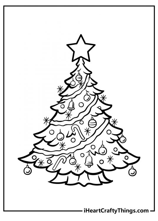 Printable coloring sheet presenting shining and festive Christmas tree with a big star on the top