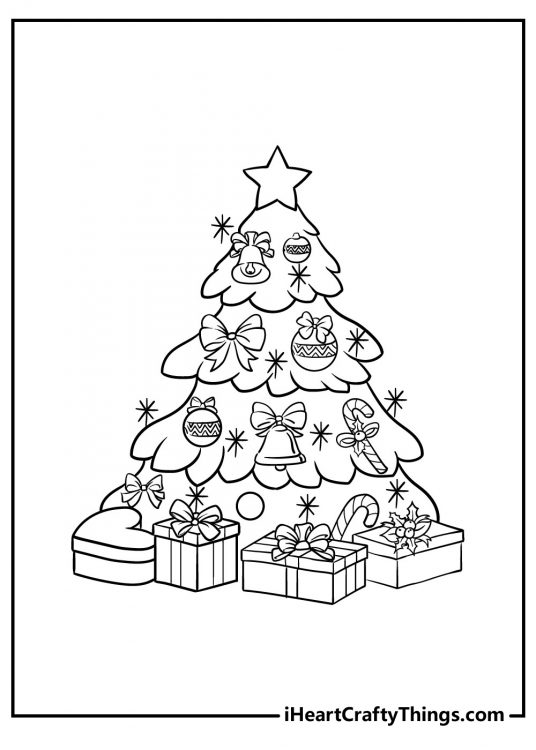 Coloring image featuring charming Christmas tree with four beautifully wrapped presents