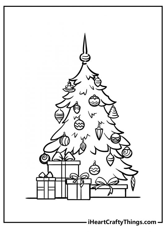 Christmas tree coloring sheet for kids featuring festive tree with four gifts under it