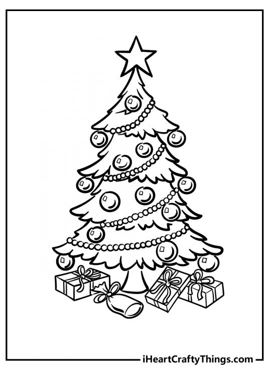 Coloring printable depicting a tall Christmas tree decorated with shining baubles and a star on the top