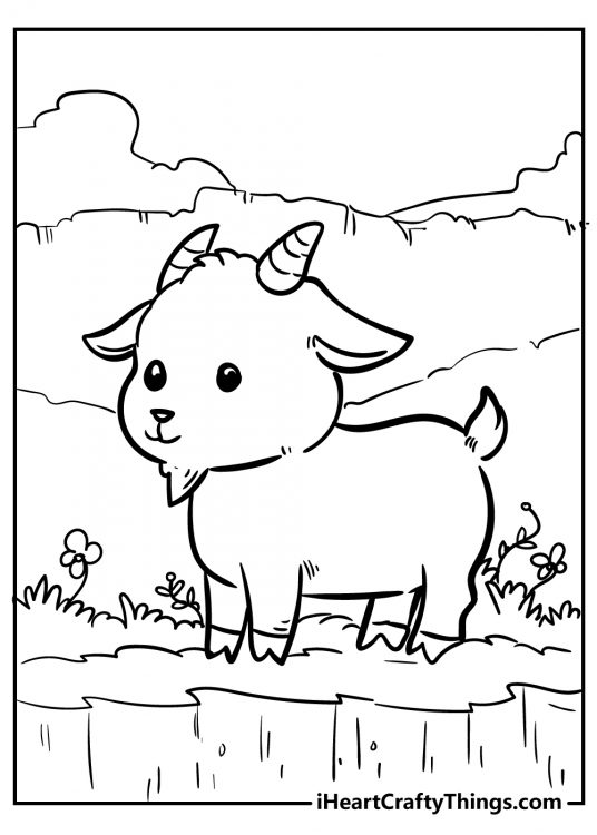 Cute animals printable sheet to color featuring baby goat posing surrounded by mountains