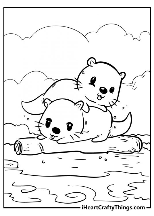 Cute animals-themed printable presenting two beavers playing on a log by the waters edge