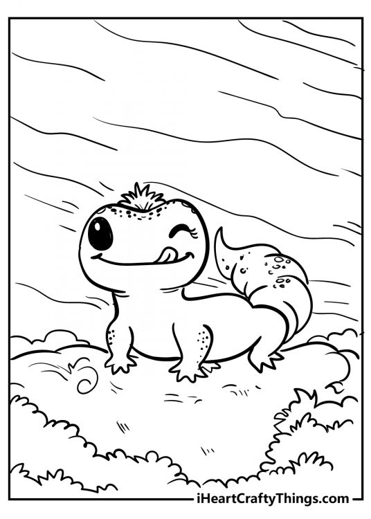 Cute animals page presenting drawing of a little cartoony gecko lizard winking surrounded by nature