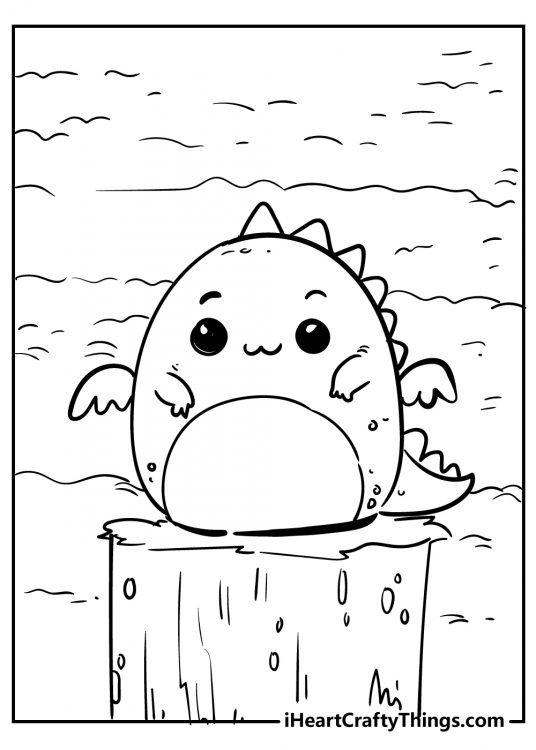 Cute animals page to print and color presenting cartoony baby dragon sitting on a cliff