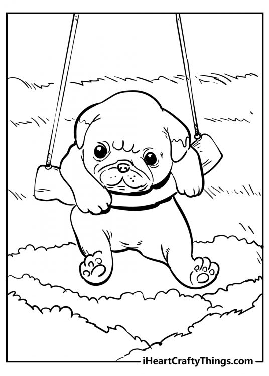 Cute animals image to color featuring little pug having a hard time staying on the swing