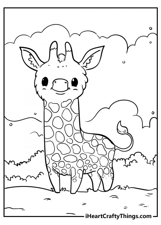 Detailed cute animals-themed coloring page featuring cartoony giraffe with bushes and clouds in the background
