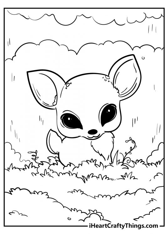 Cute animals coloring sheet for children featuring baby deer exploring a lush meadow