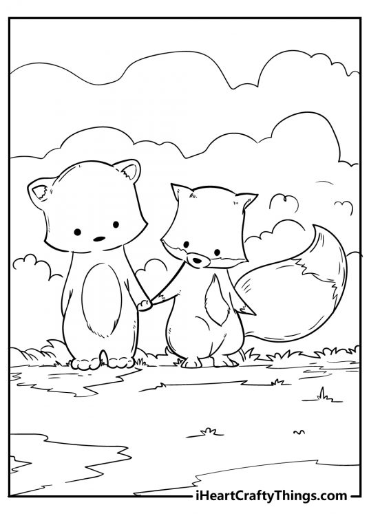 Cute animals image featuring cartoony fox and a bear holding paws while on a walk