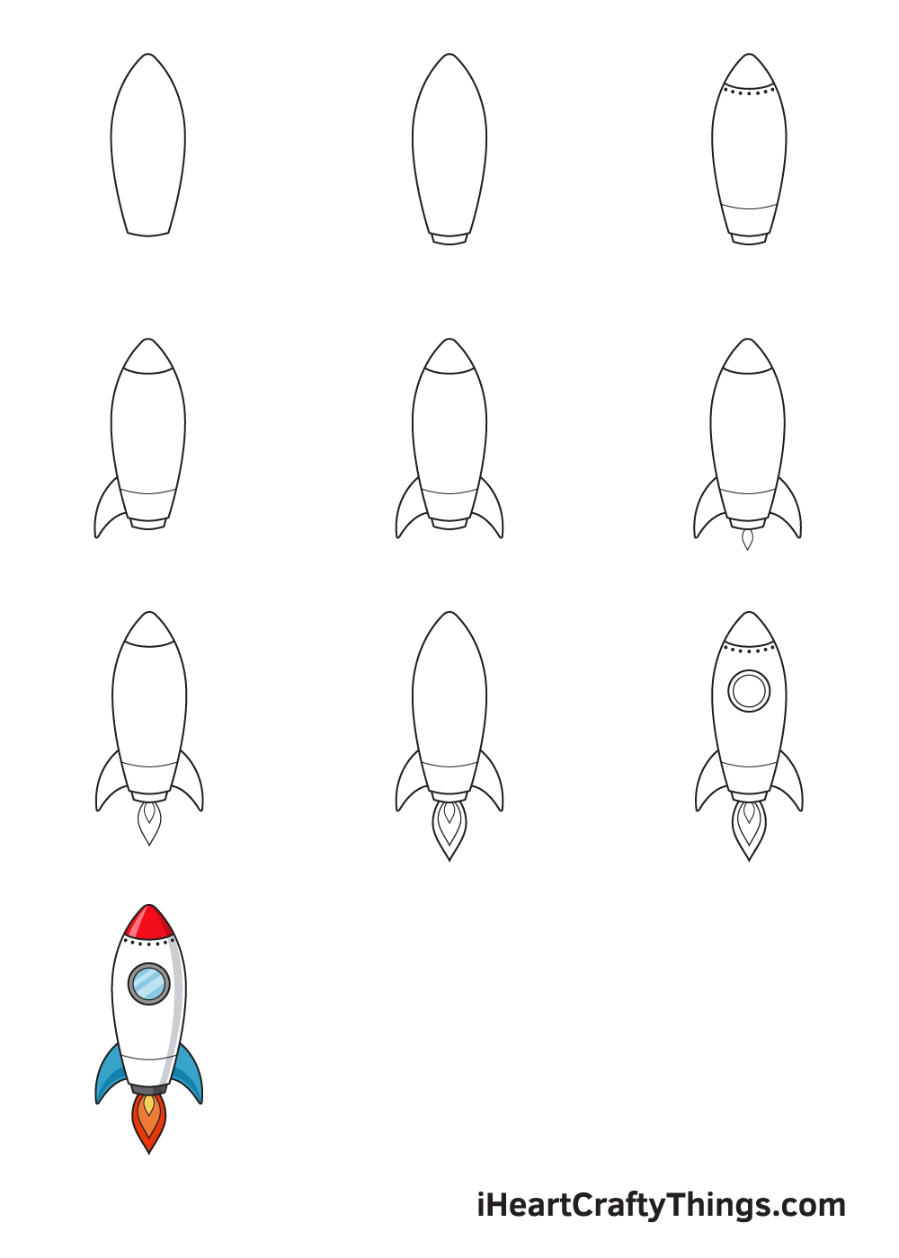 drawing rocket in 9 steps
