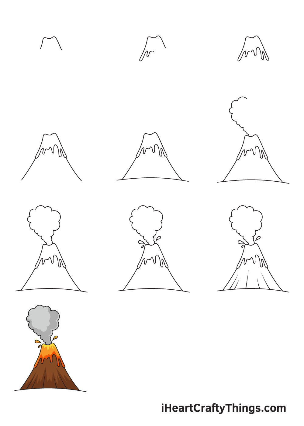 drawing volcano in 9 steps