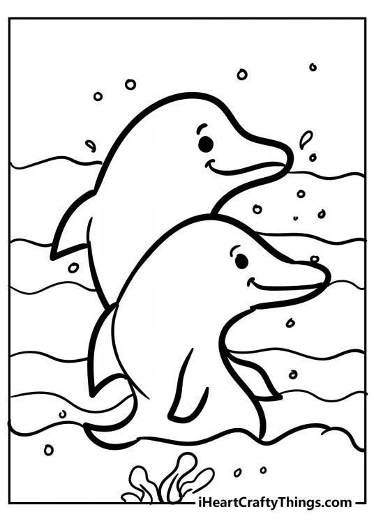 Fish coloring page featuring two cute happy-looking dolphins peeking out of the waves