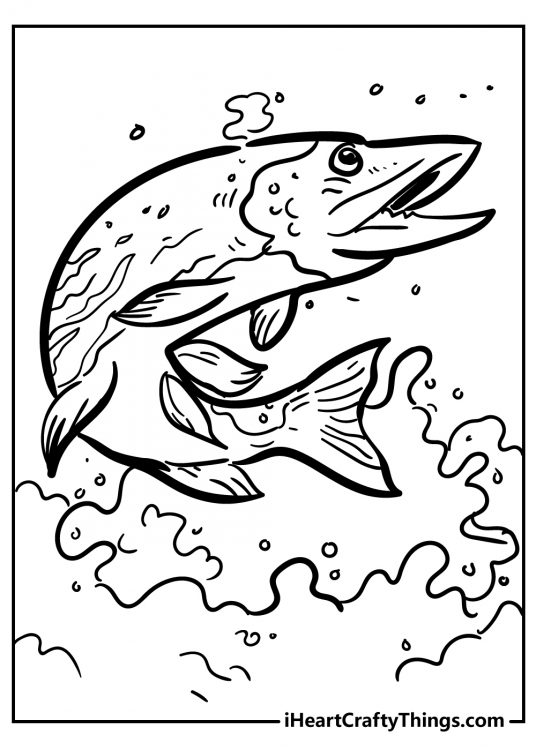 Printable coloring sheet featuring long fish with water churning behind it as it swim