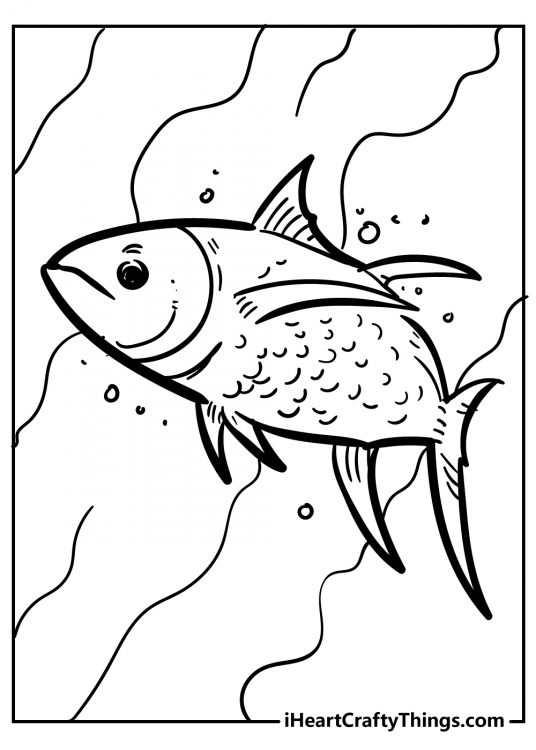 Coloring page featuring fish with many scales and pointy fins lazily cruising through the ocean