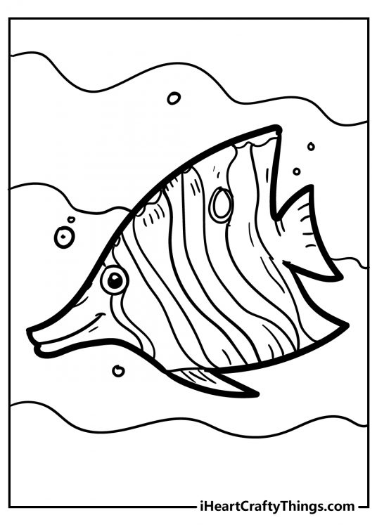Printable fish coloring page featuring stripy butterfly fish swimming underwater