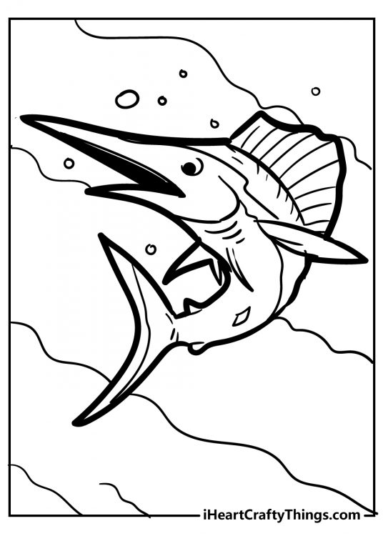 Coloring poster featuring fish with distinctive sharp and long snout while making a turn in a water