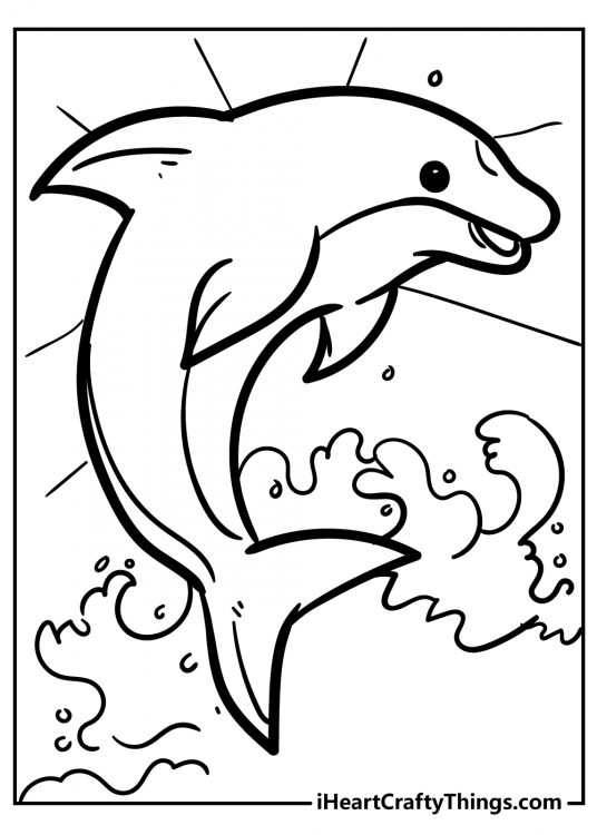 Free close up fish coloring page featuring dolphin leaping elegantly from the water