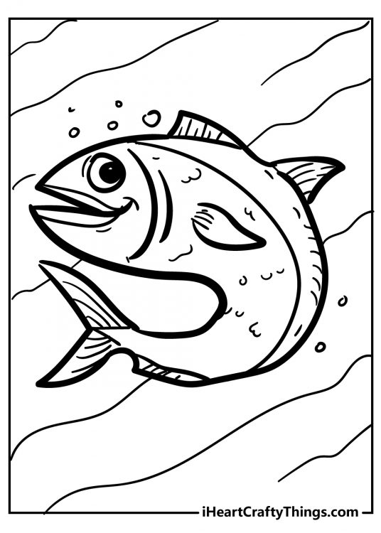 Printable coloring sheet of a happy looking fish with long body making turn to the left underwater