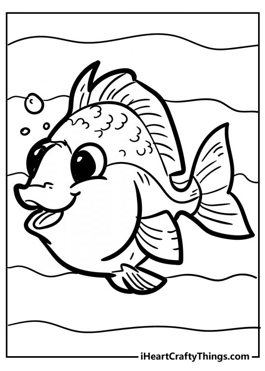 Coloring poster of an expressive cartoon-style fish with a big smile, round dark eyes and some scales