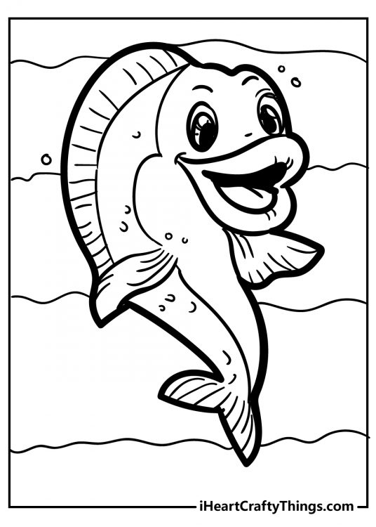 Sweet cartoon-style fish with huge lips in a standing position free printable page to color