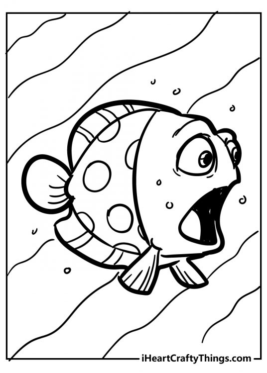 Coloring page featuring surprised cartoon-style fish with polka-dot body and opened mouth