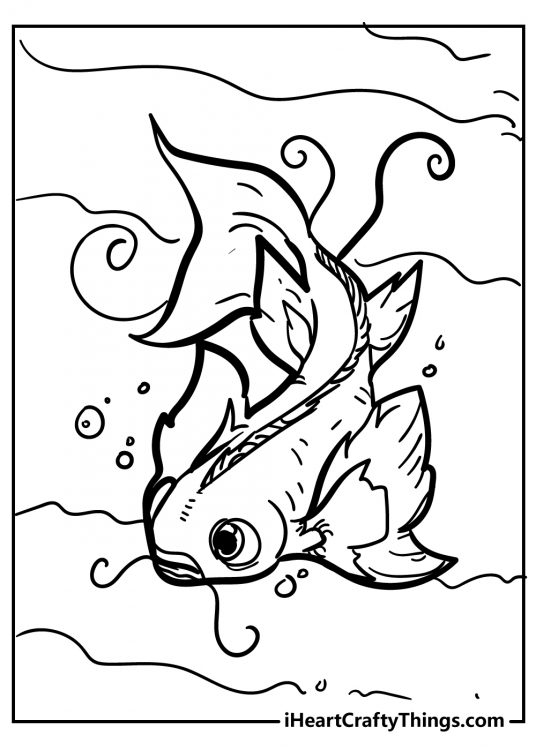 Coloring pdf featuring fish with some whiskers underwater surrounded with water bubbles