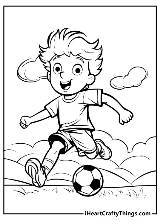 Soccer-themed coloring picture featuring a happy-looking young boy ready to kick the ball