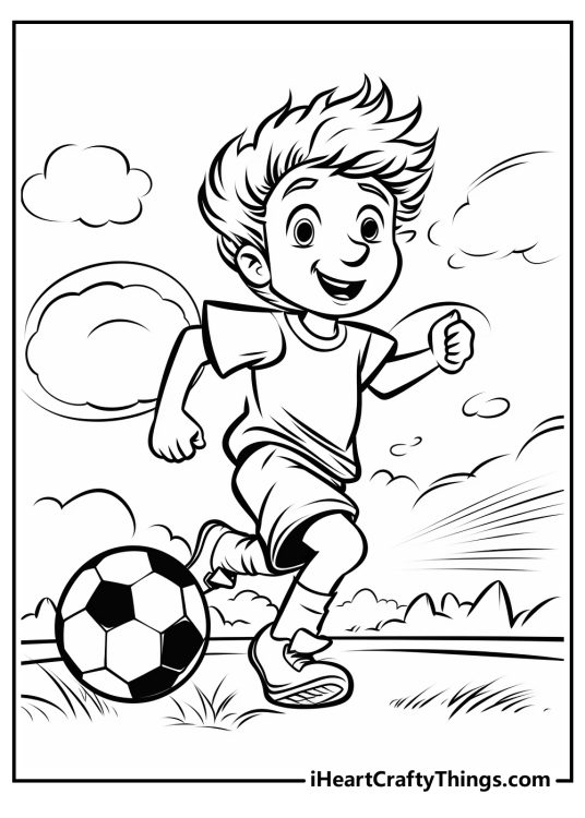 Soccer-themed printable picture featuring smiling boy dribbling the ball down the field