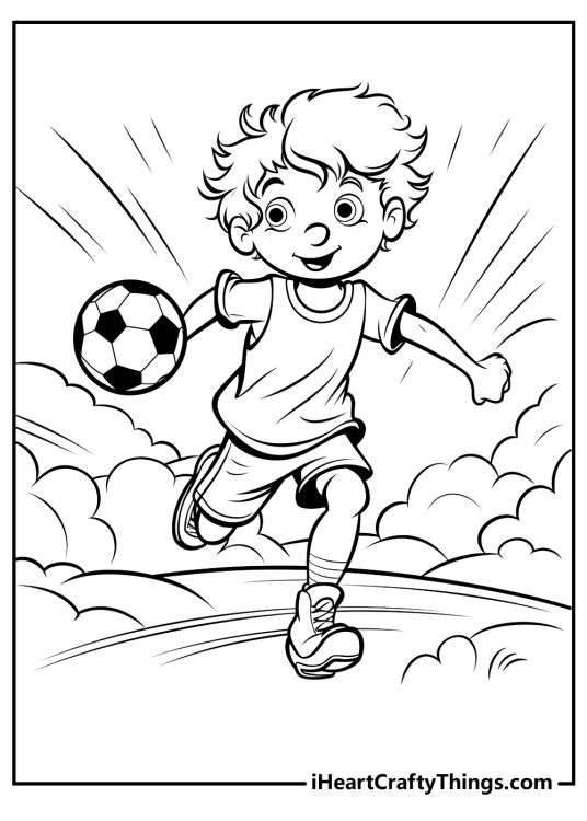 Soccer-themed coloring sheet featuring little boy running with the ball in motion