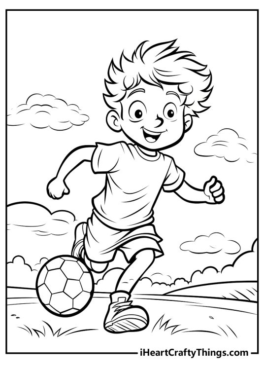 Soccer-themed picture featuring cheerful boy running down the grassy soccer field