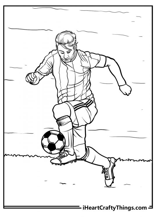 Detailed coloring sheet featuring soccer player in a stripy t-shirt ready to kick the ball