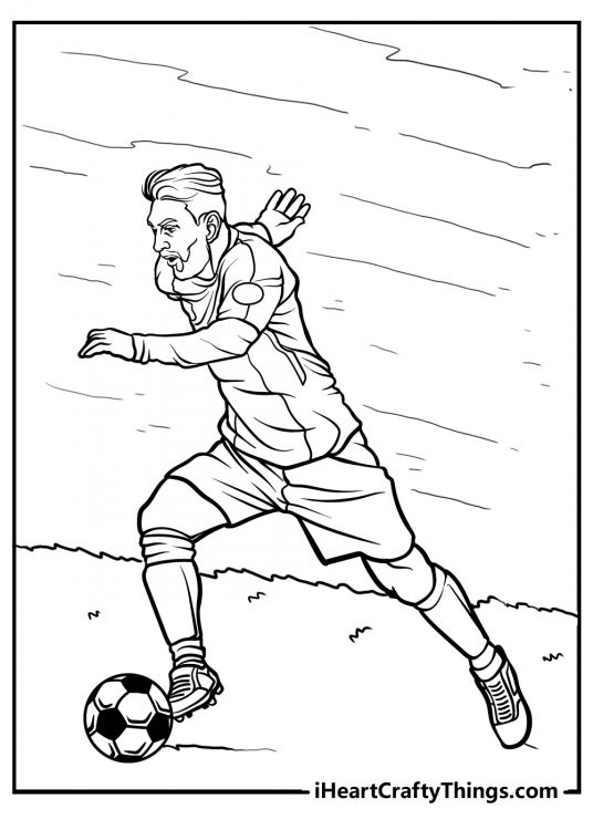 Detailed coloring illustration presenting soccer player running with a ball at high speed