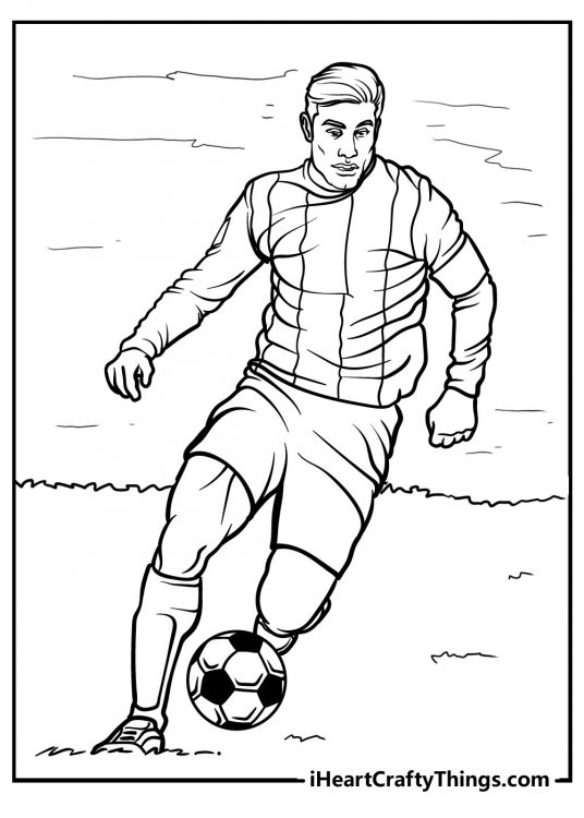 Detailed coloring printable for kids featuring soccer player focused on the ball