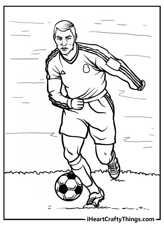 Coloring image for adults presenting mid-age soccer player running with a ball through the field