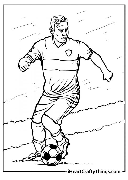 Printable coloring page depicting soccer player looking very focused on the game