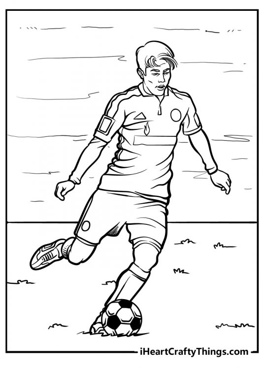 Coloring page for kids capturing proffesional soccer player seconds away from a kick
