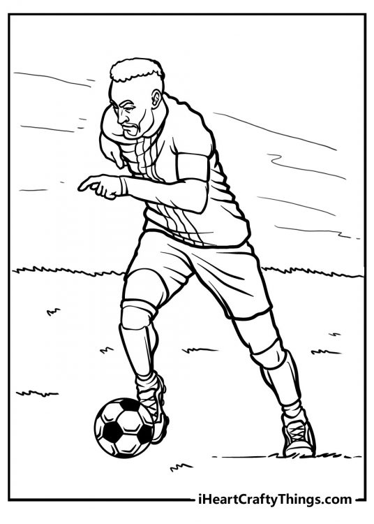 Black-and-white poster for kids featuring proffesional soccer player during game