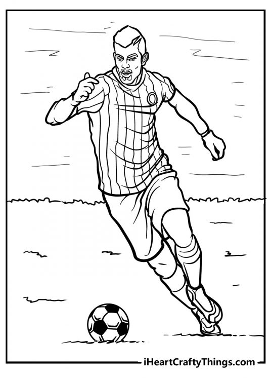 Picture to print and color featuring soccer player running through the grassy field