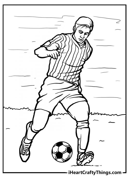 Coloring sheet showing a soccer player running at full speed to intercept the ball