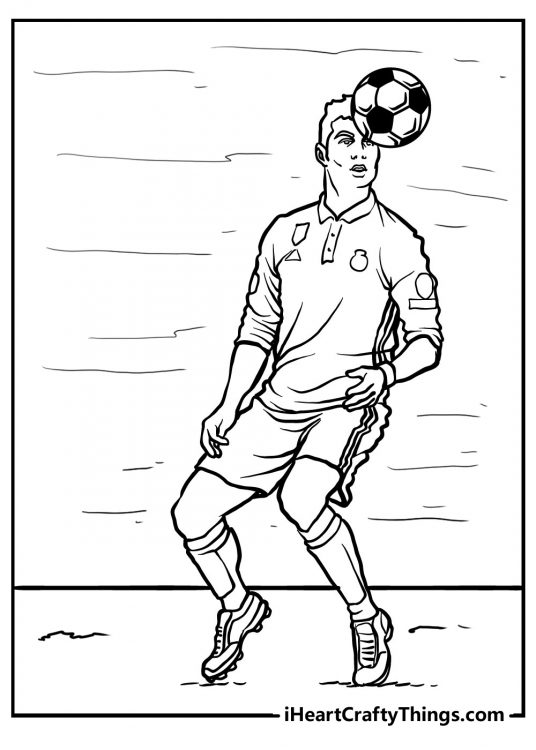 Highly-detailed coloring printable showing proffesional soccer player performing a header