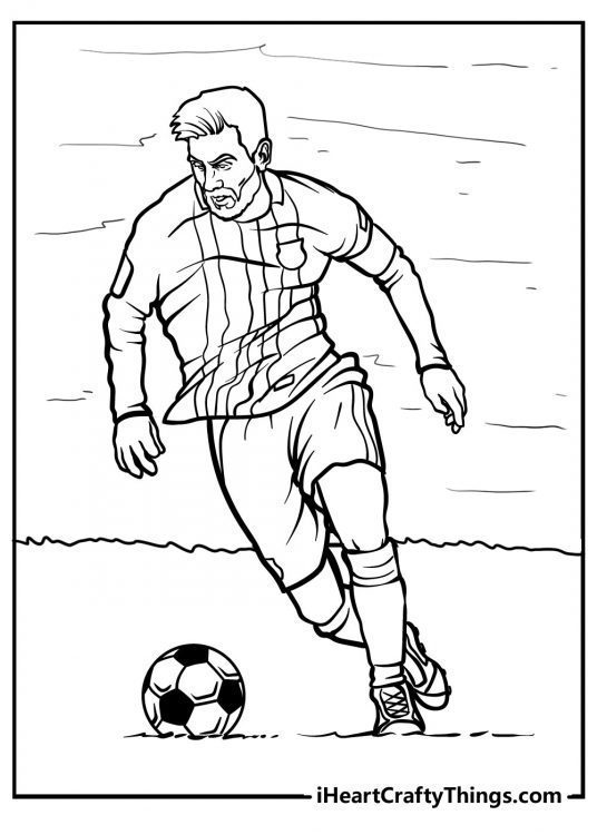 Coloring page featuring soccer player with a beard slightly bent to the left side while running