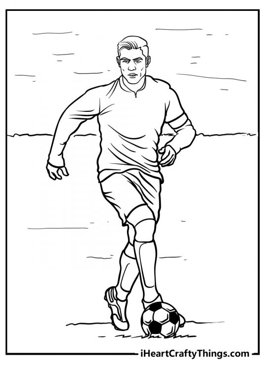 Printable illustration for children featuring soccer player dribbling the ball down the field