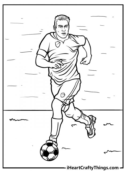 Printable drawing for kids presenting soccer player running at high speed down the field