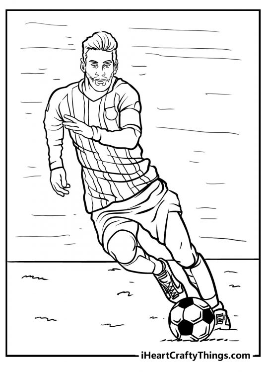 Printable pdf featuring soccer player calmly dribbling the ball across the open field