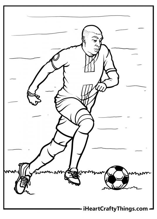 Coloring printable capturing soccer player who is about to kick the ball while on the field