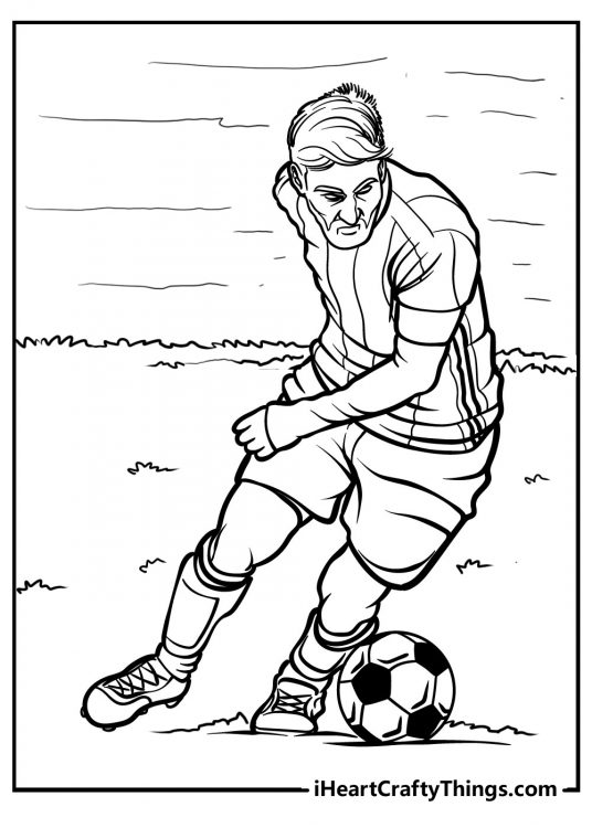 Soccer-thmed picture to print and color featuring mature soccer player on the move with the ball