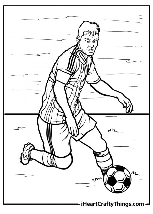 Printable coloring image presenting soccer player receiving the ball from someone
